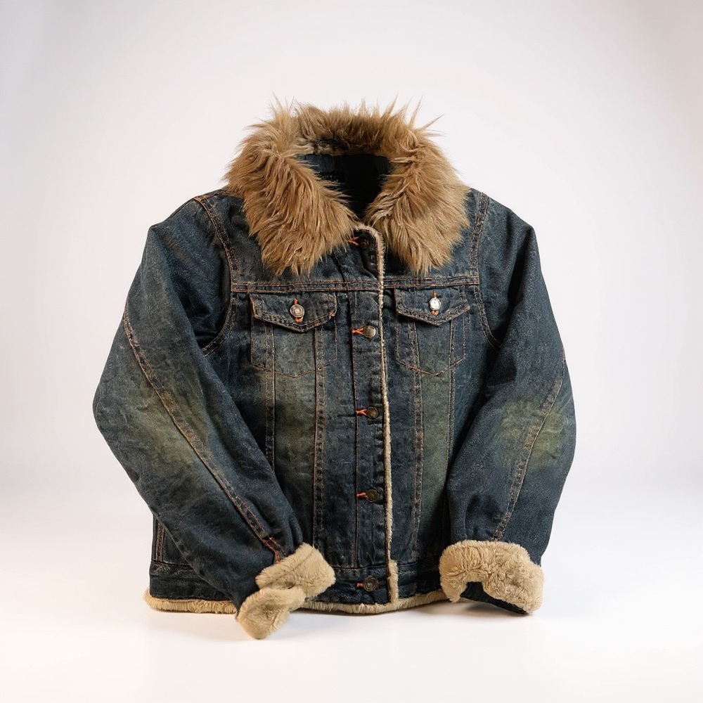 Vintage 90s Fur Denim Jacket Small Embroidered Patches, Beads Floral Butterfly - Picture 2 of 13